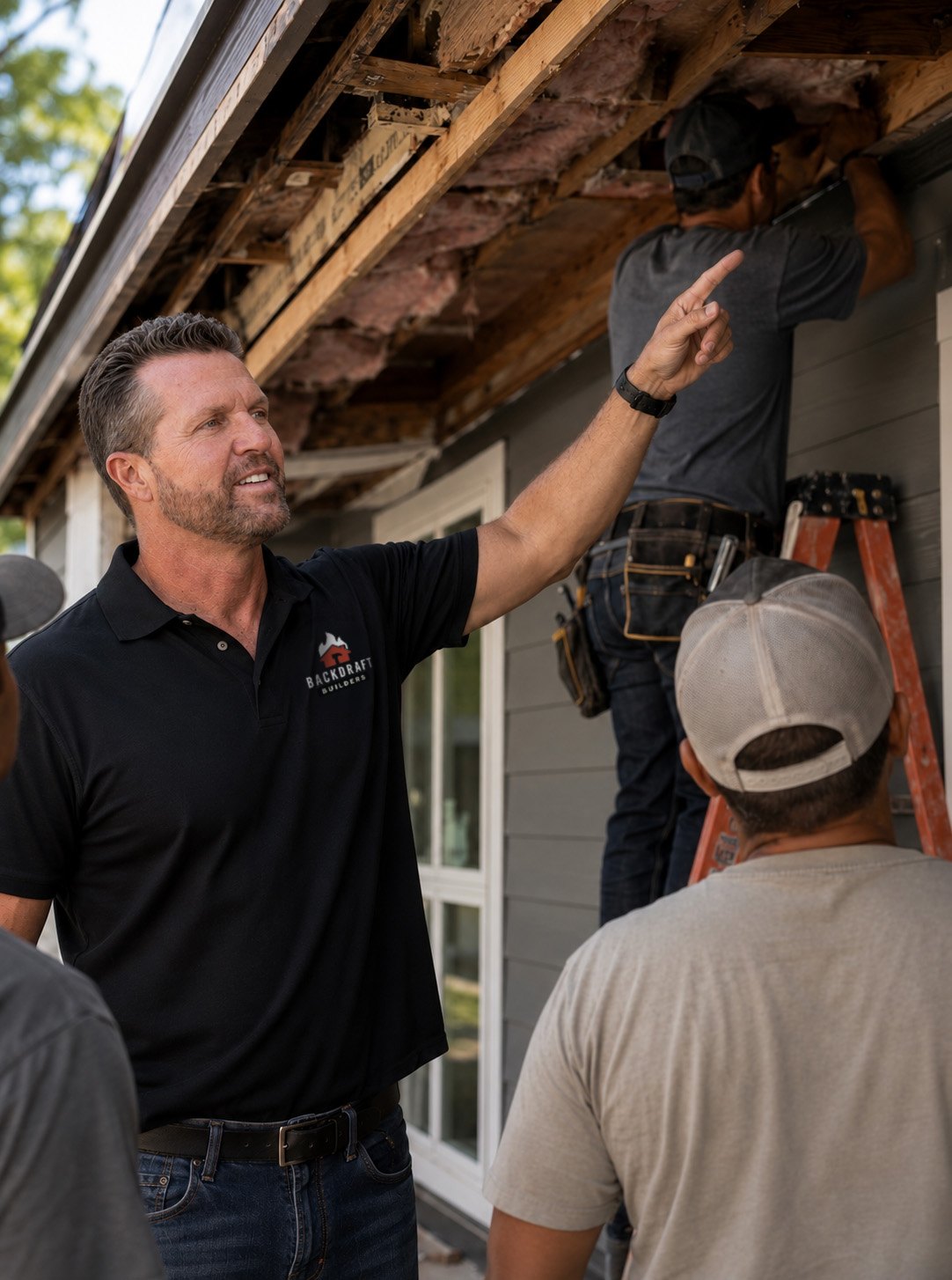 Riley Tommy Nicholson reviewing repair work with the Backdraft Builders team